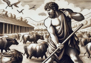 Herakles-sam-jak-kope-koryto-dvou-rek-s-motykou-v-ruce-aby-vycistil-Augiasovy-ch